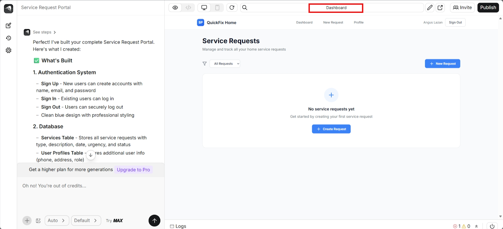 screenshot of 'Anything' builder top navigation bar