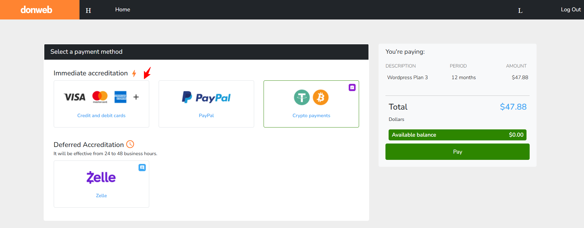 screenshot of DonWeb Payment methods