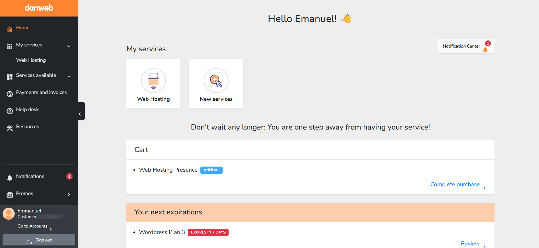 screenshot of DonWeb dashboard
