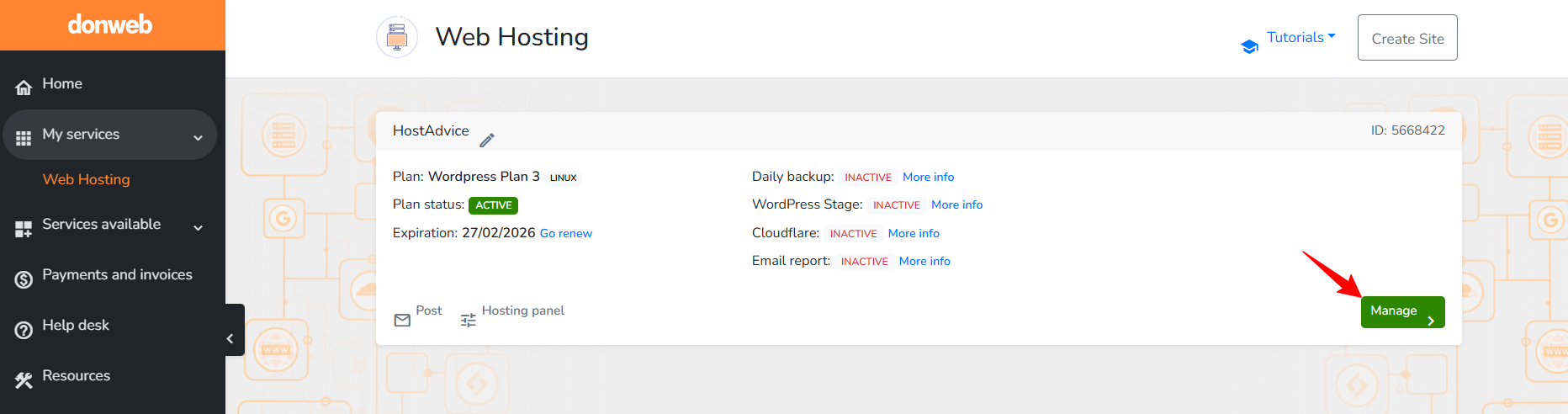 screenshot of DonWeb dashboard 'Manage' button