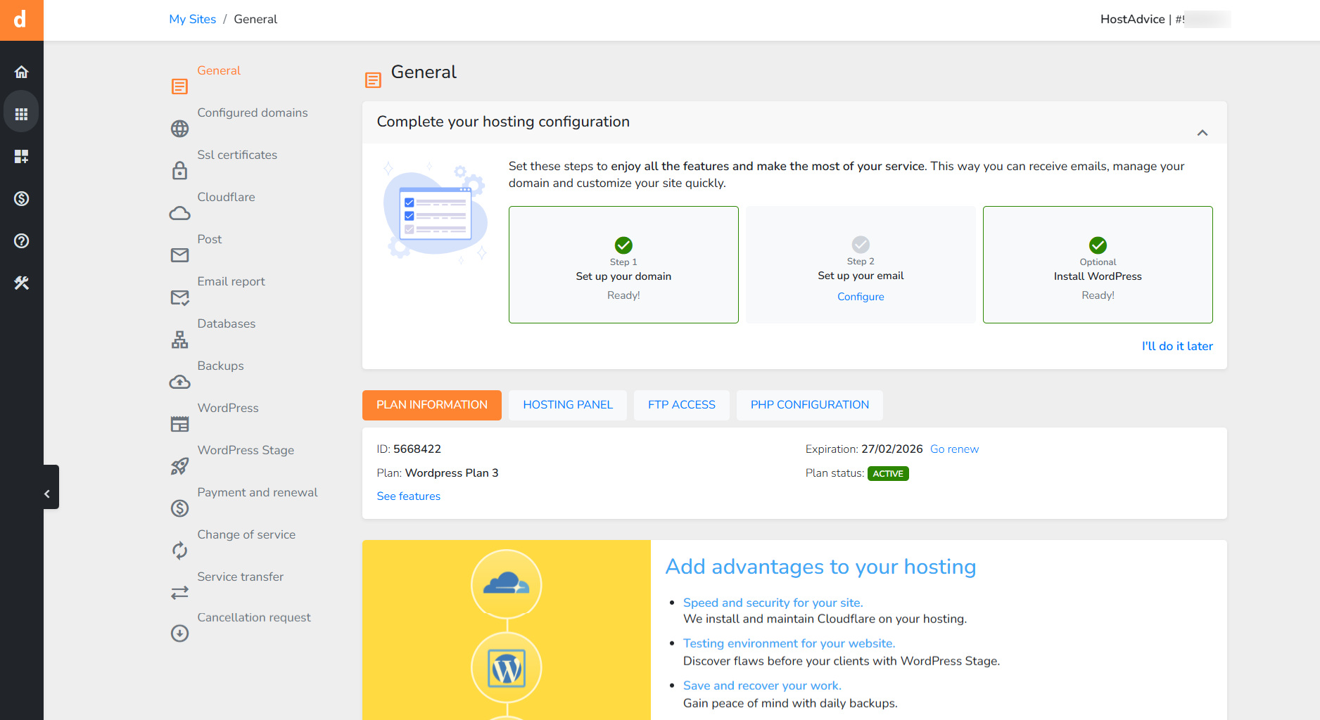 screenshot of DonWeb dashboard General tab