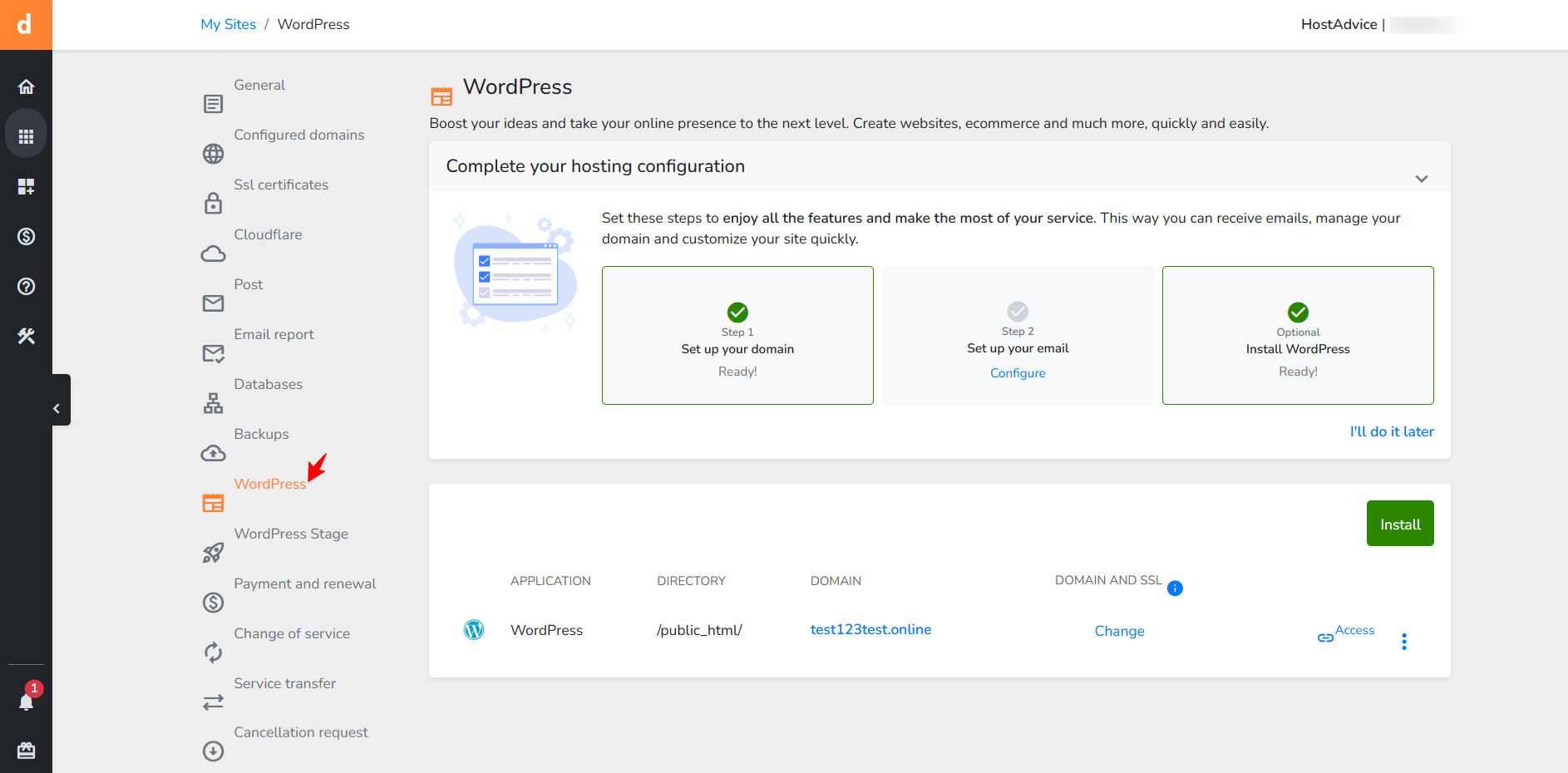 screenshot of DonWeb dashboard 'WordPress' tab
