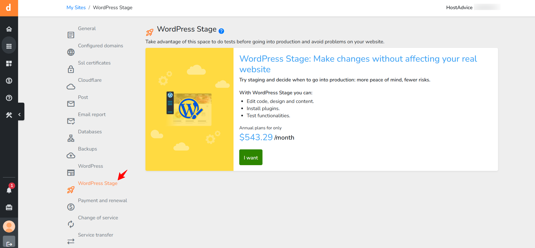 screenshot of DonWeb dashboard 'WordPress Stage' application