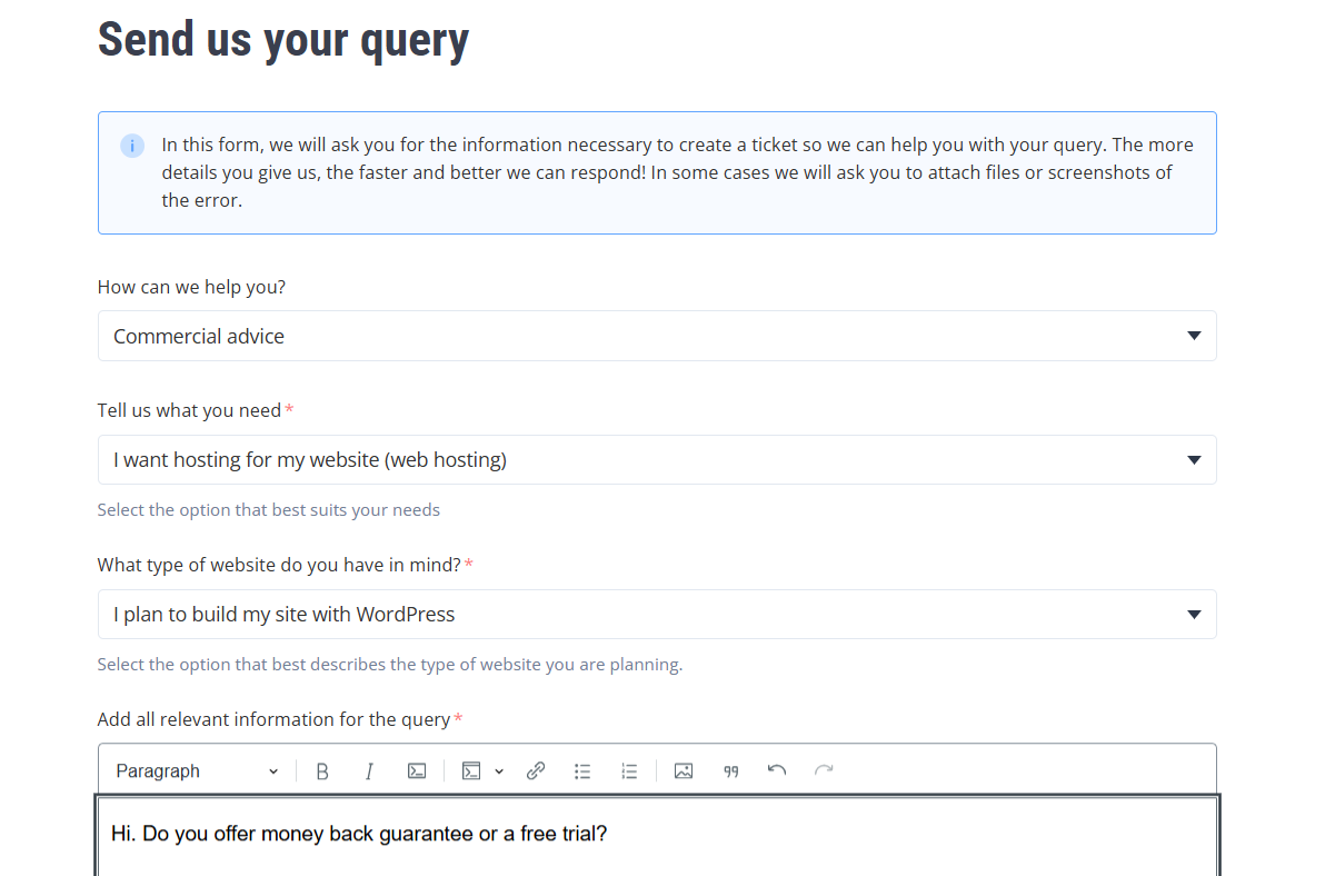 screenshot of DonWeb ticket support