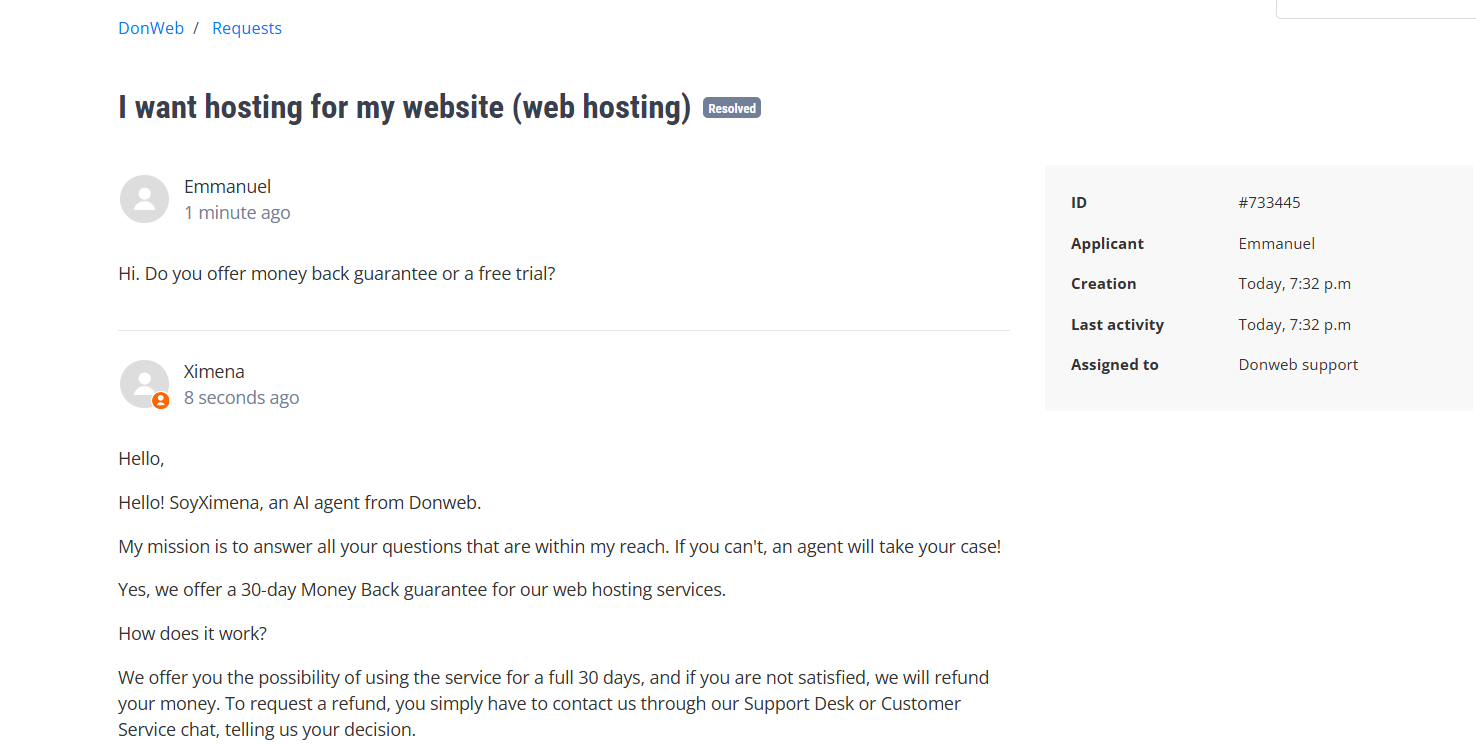 screenshot of DonWeb ticket support