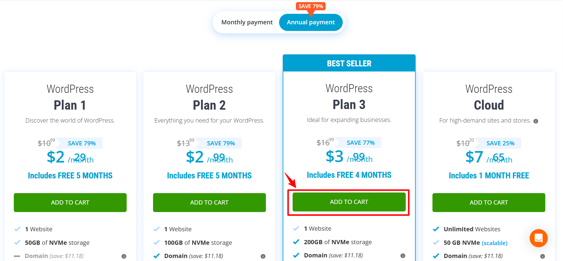 screenshot of DonWeb hosting plans
