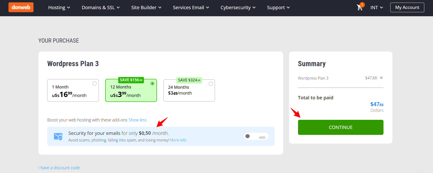 screenshot of DonWeb hosting plan configurations