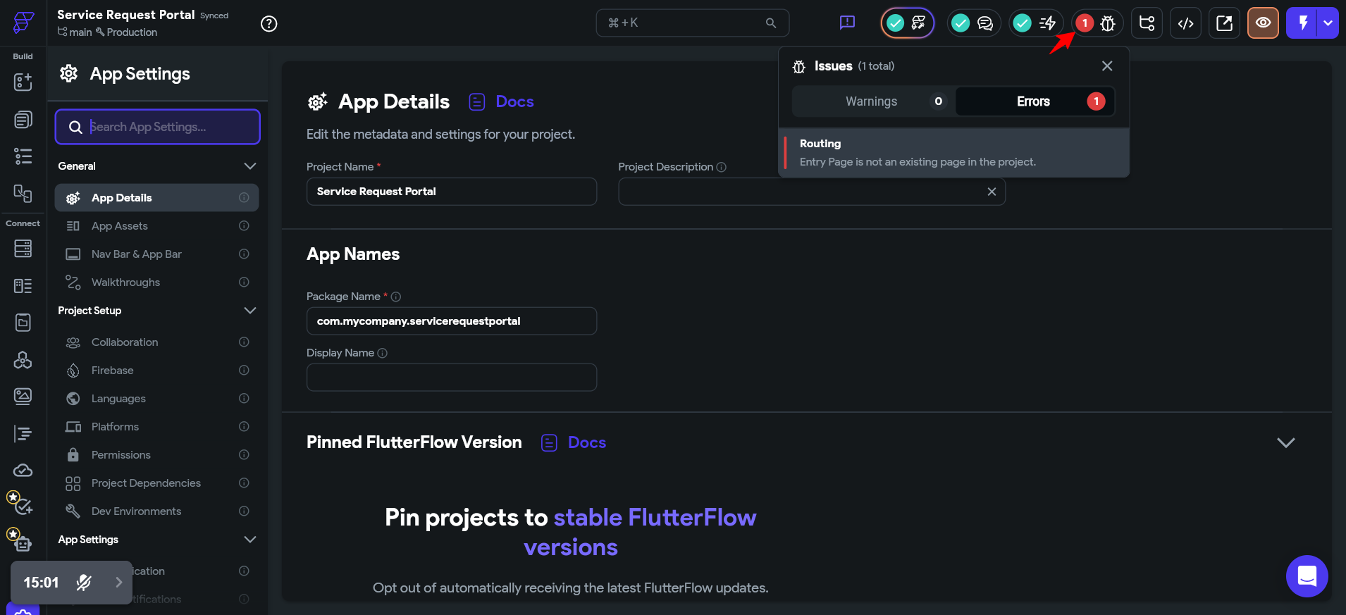 screenshot of FlutterFlow 'Issues' panel