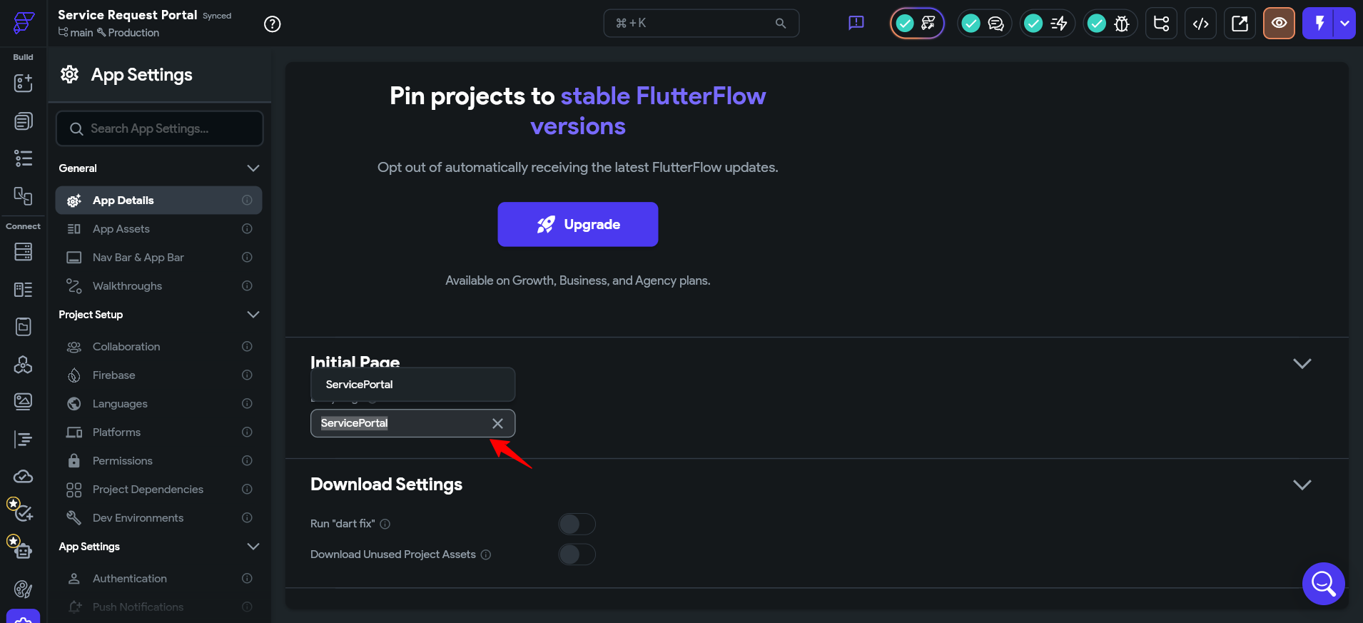 screenshot of FlutterFlow 'Initial Page' congiguration