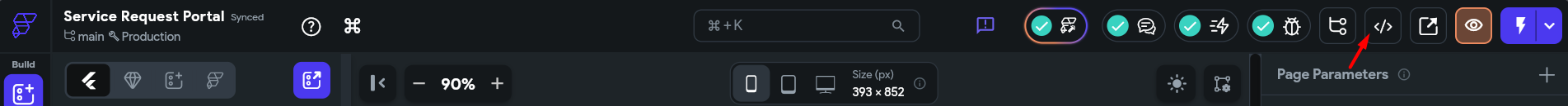 screenshot of FlutterFlow 'Code' button