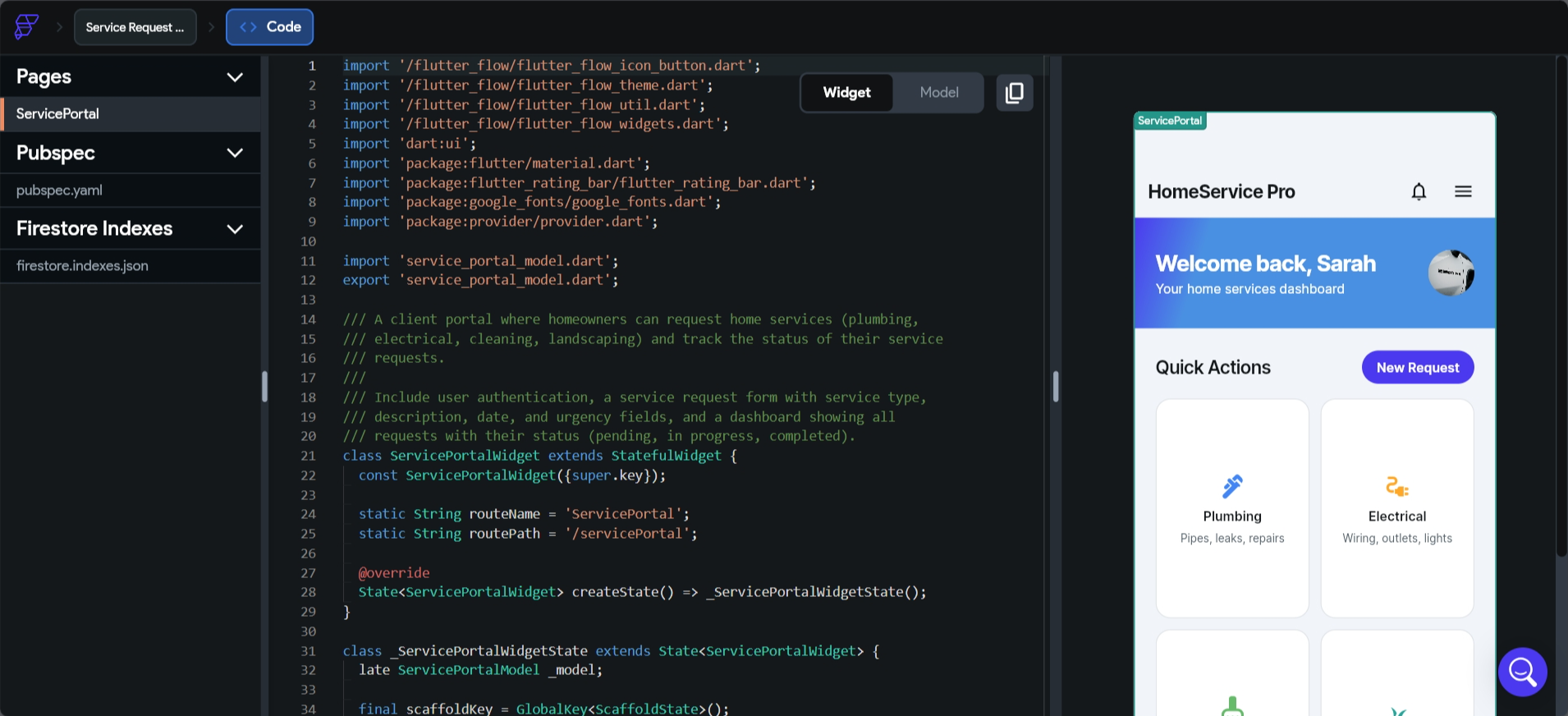 screenshot of FlutterFlow Code editor