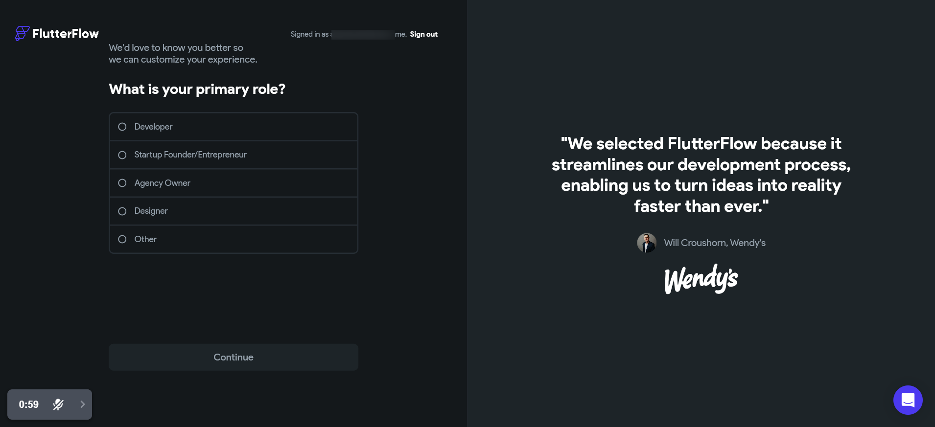 screenshot of FlutterFlow Sign Up form