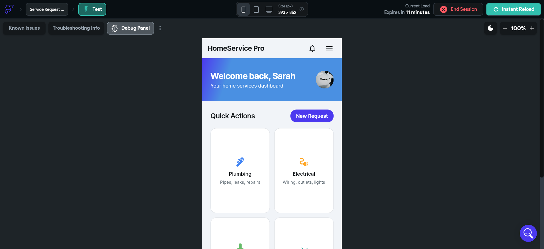 screenshot of the 'Test Mode' page
