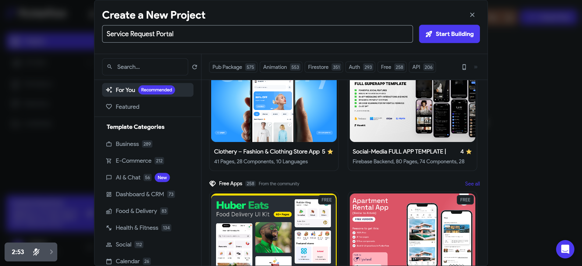 screenshot of FlutterFlow Builder templates