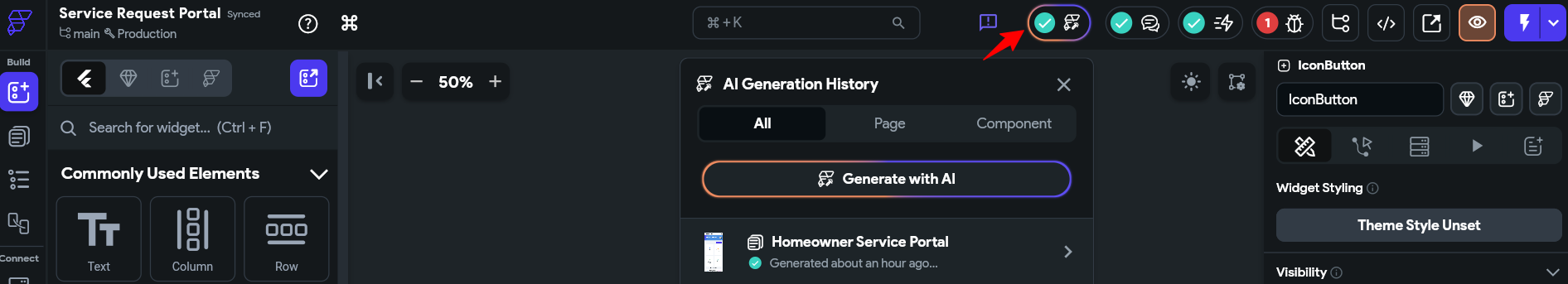 screenshot of FlutterFlow top navigation bar