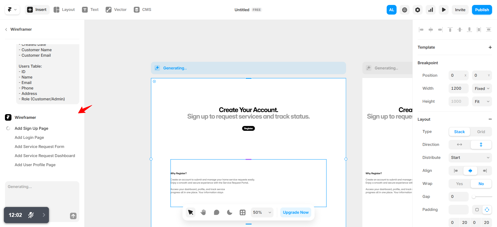 screenshot of Framer AI Wireframer tab