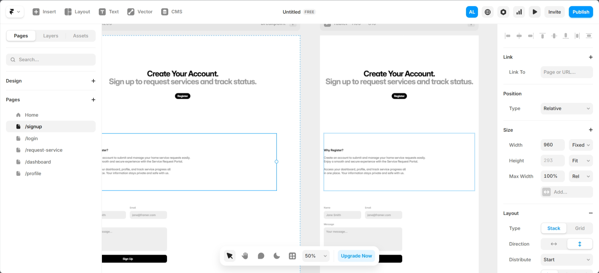 screenshot of Framer AI Pages tab '/signup' button
