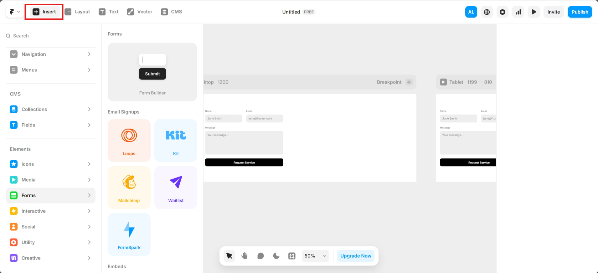 screenshot of Framer AI dashboard '+Insert' button
