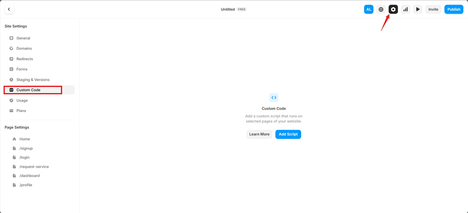 screenshot of Framer AI dashboard site settings
