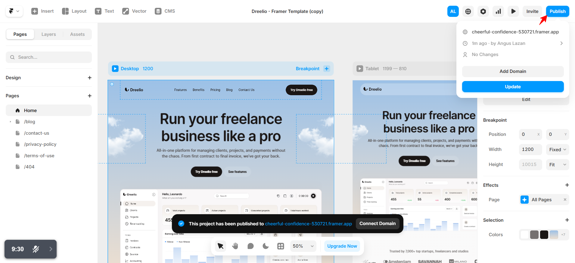 screenshot of Framer AI dashboard 'Publish' button