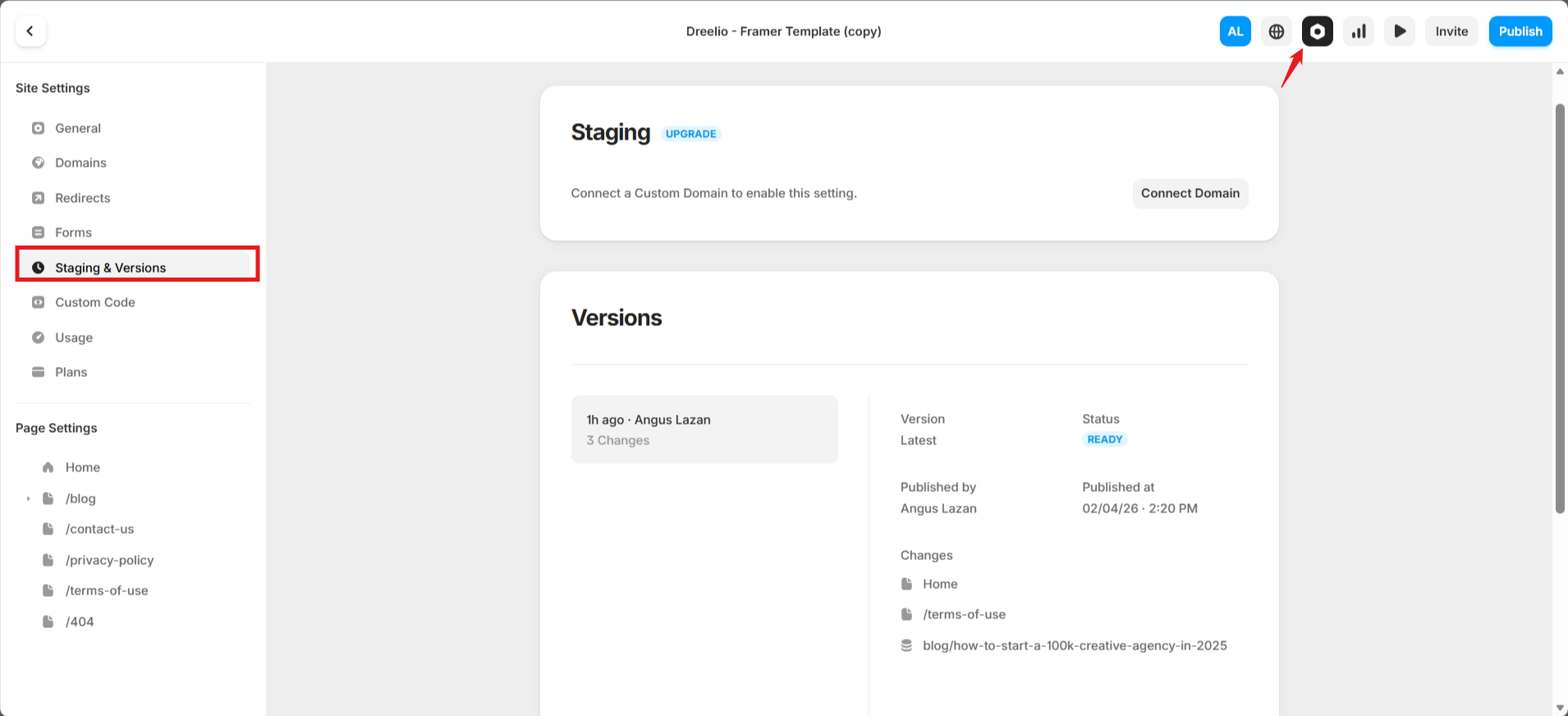 screenshot of Framer AI dashboard 'Staging & Versions' menu
