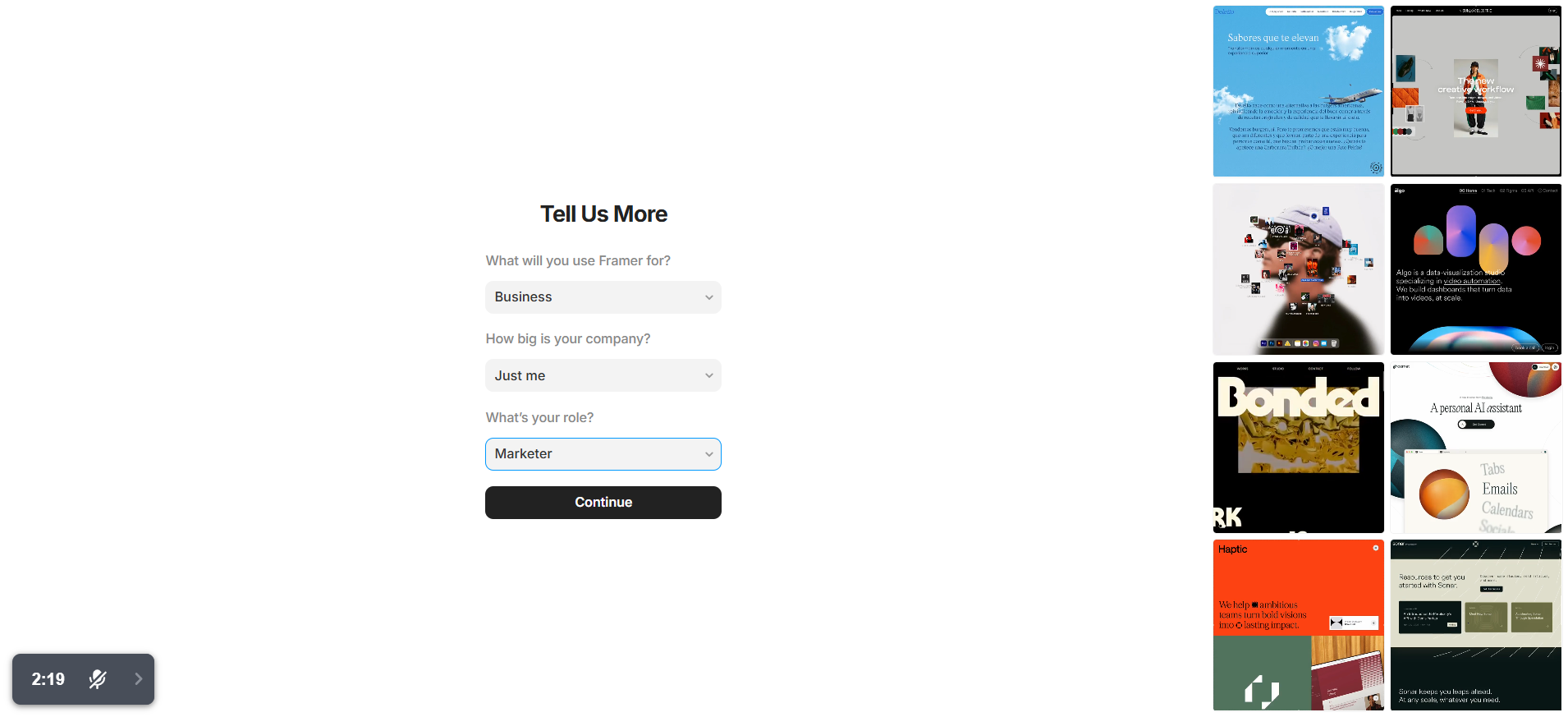 screenshot of Framer AI Sign Up form
