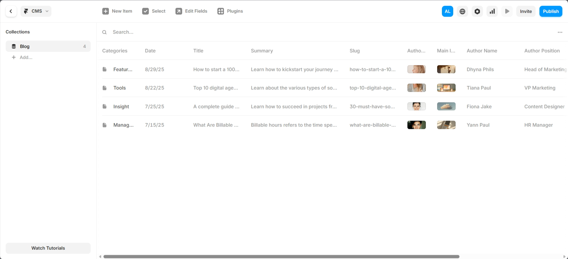 screenshot of Framer AI dashboard 'Blog' button