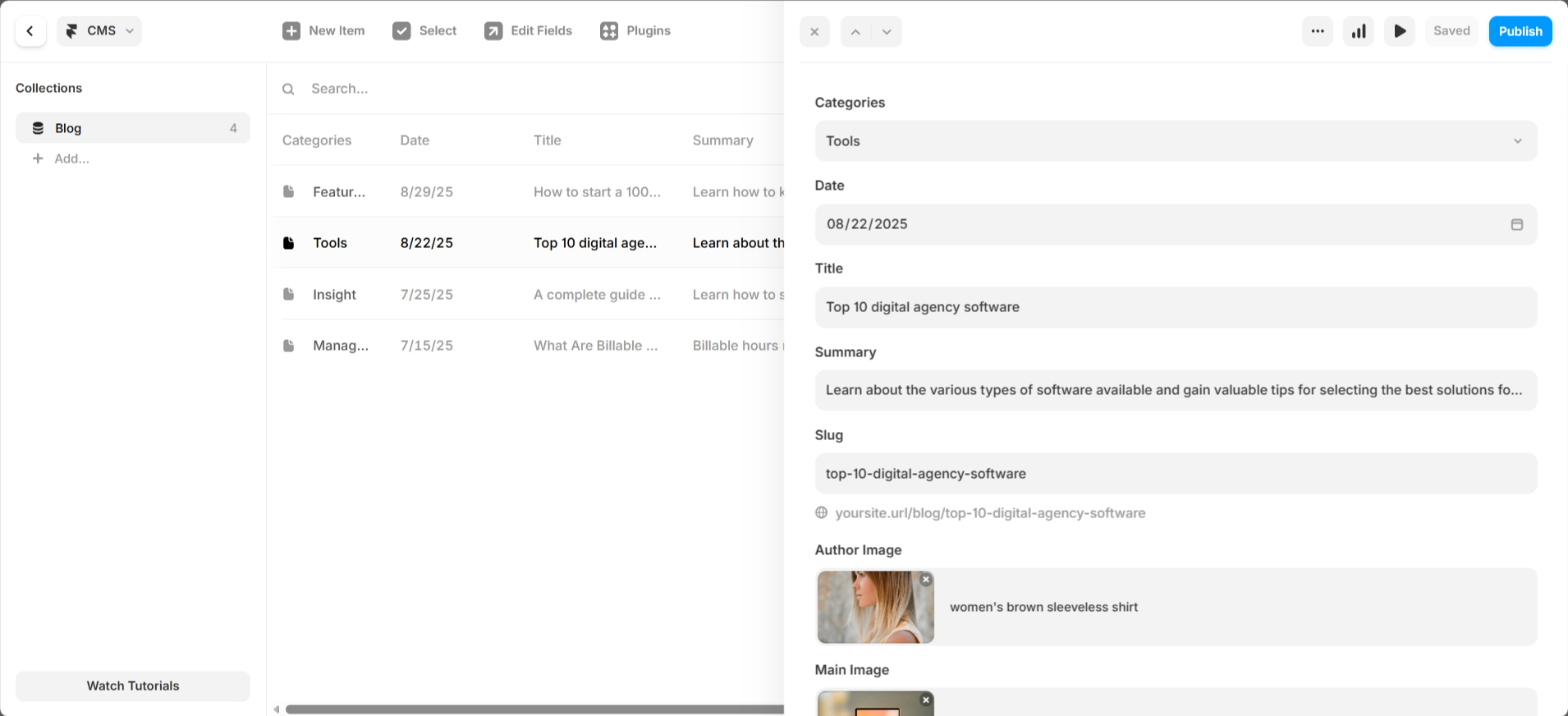 screenshot of Framer AI dashboard 'Blog' tab