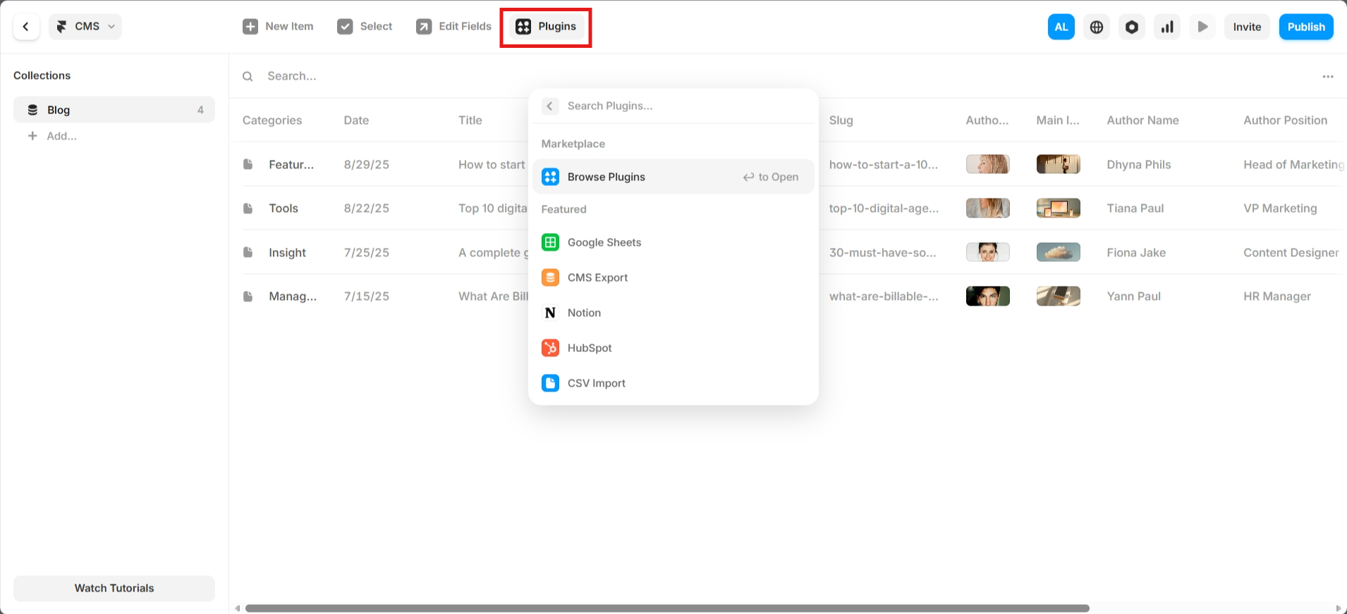 screenshot of Framer AI dashboard 'Plugins' window
