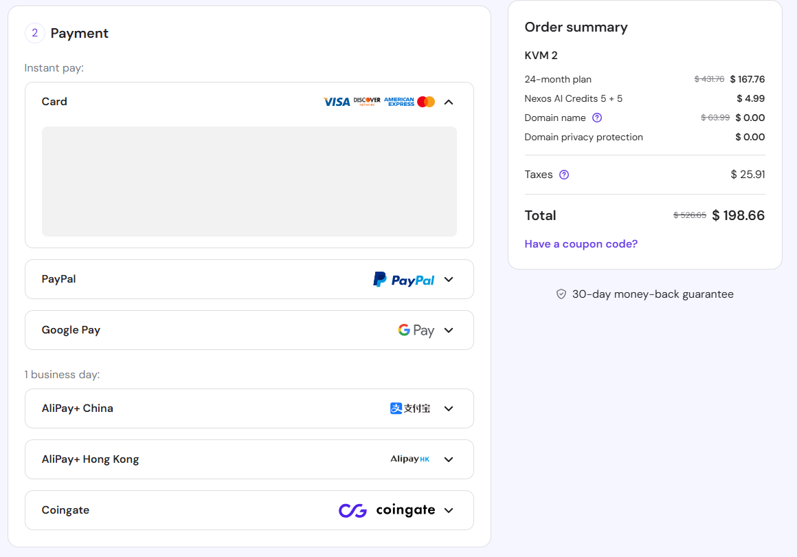 screenshot of Hostinger Payment methods