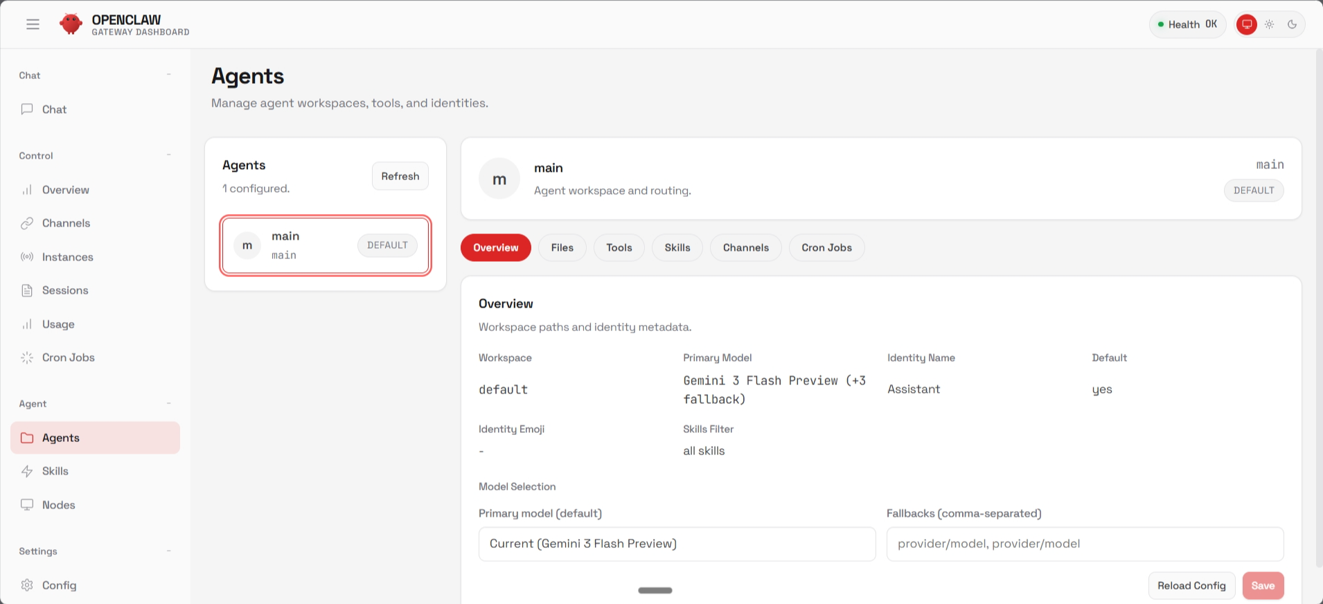 screenshot of OpenClaw dashboard 'Agents' menu