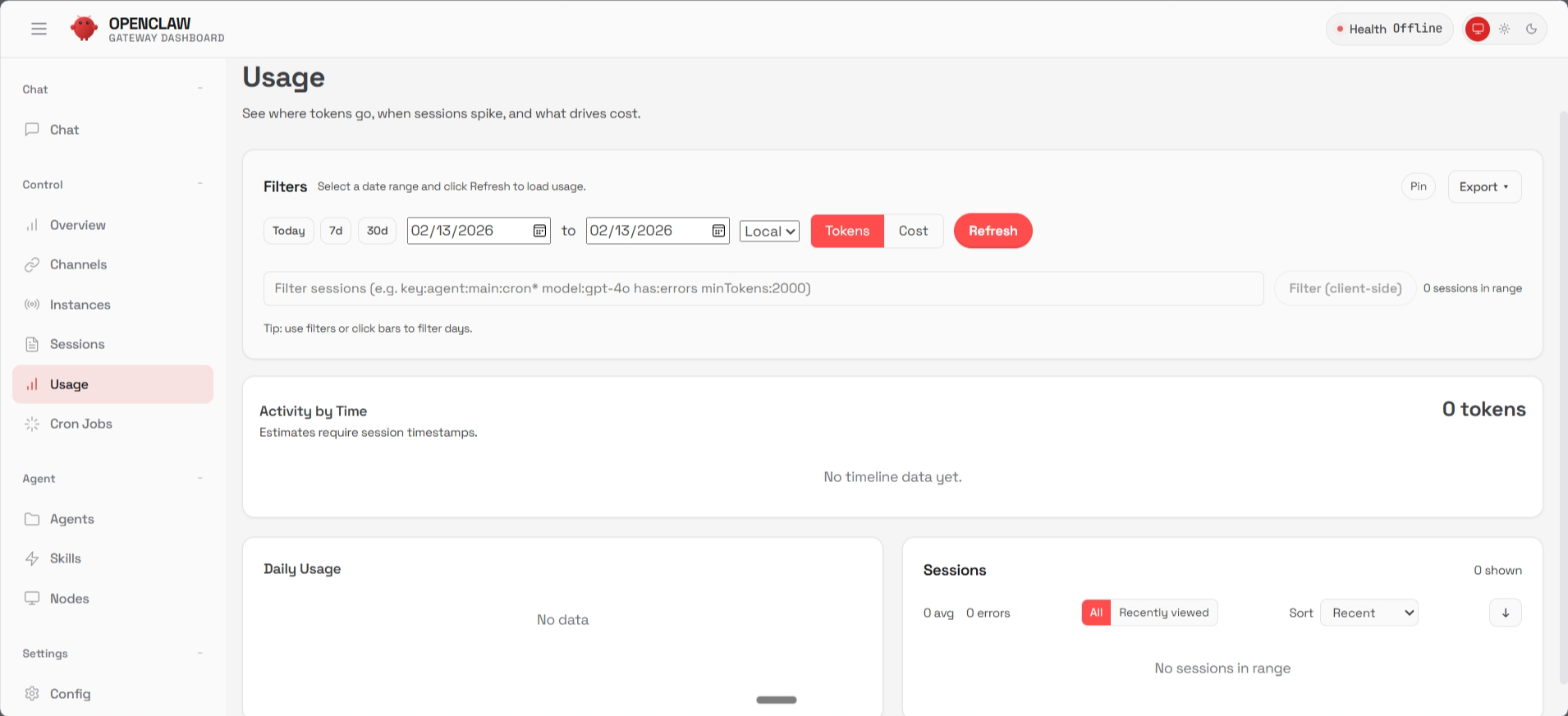 screenshot of OpenClaw dashboard 'Usage' tab