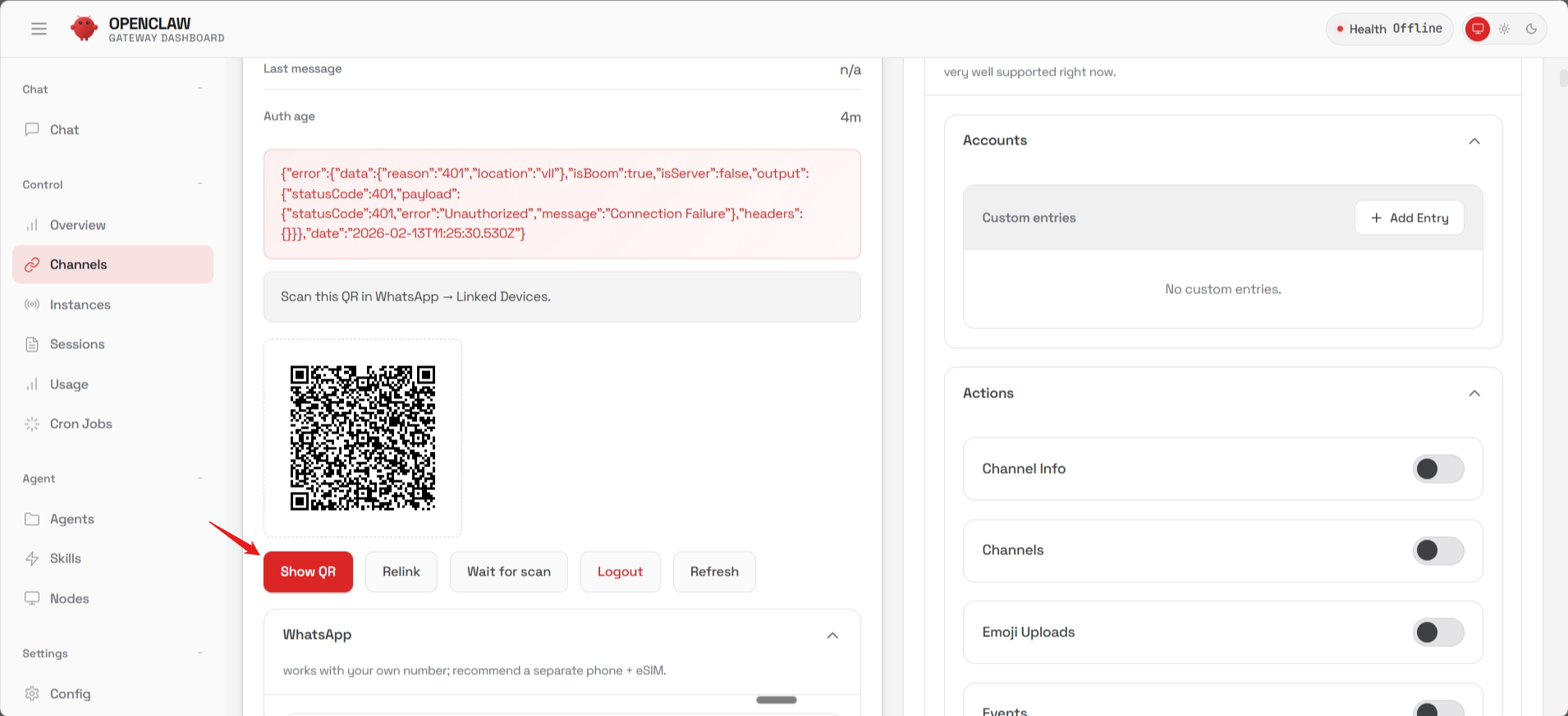 screenshot of OpenClaw dashboard 'Channels' tab