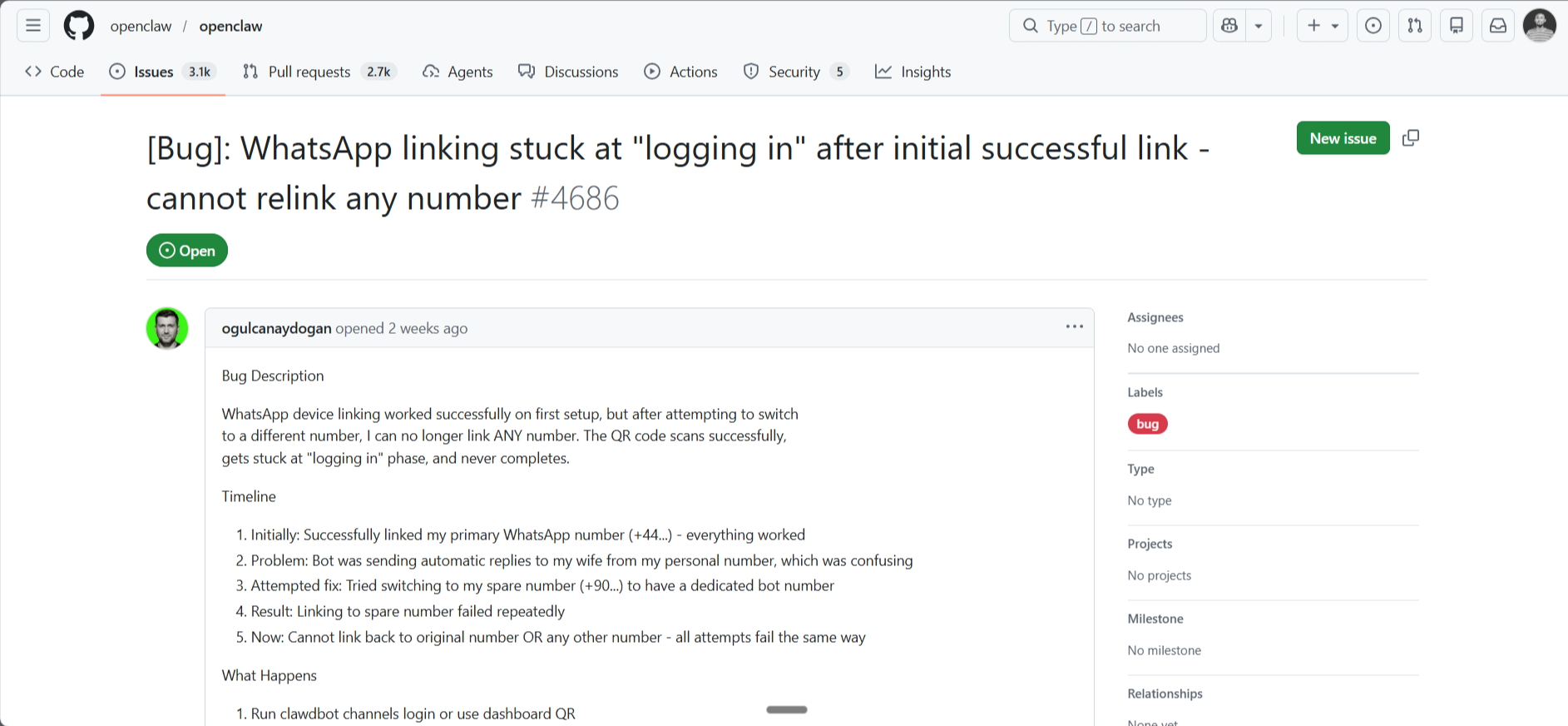 screenshot of OpenClaw 'Issues' tab on Github
