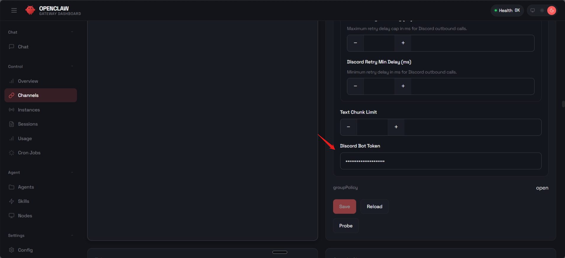 screenshot of OpenClaw dashboard 'Channels' tab