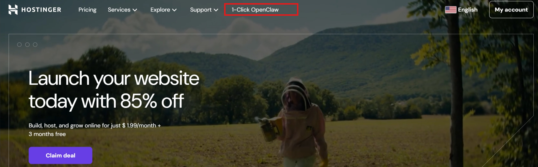 screenshot of Hostinger website '1-Click OpenClaw' button