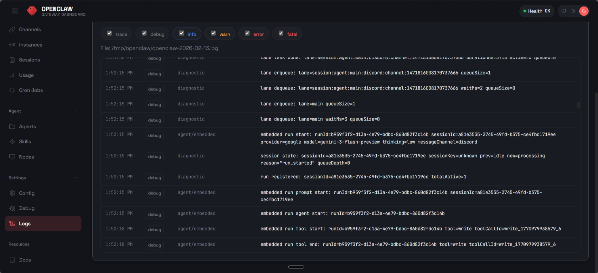 screenshot of OpenClaw dashboard 'Logs' tab