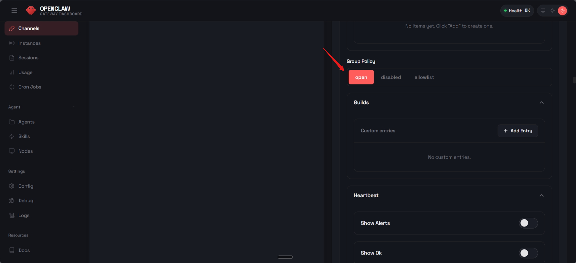 screenshot of OpenClaw dashboard 'Channels' tab