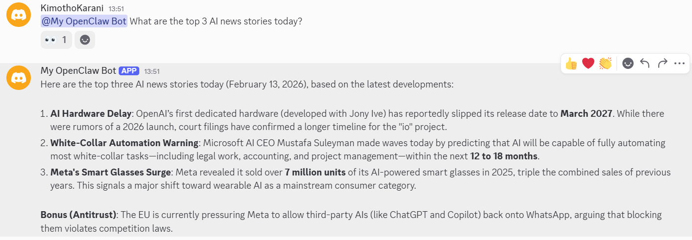 screenshot of OpenClaw bot conversation
