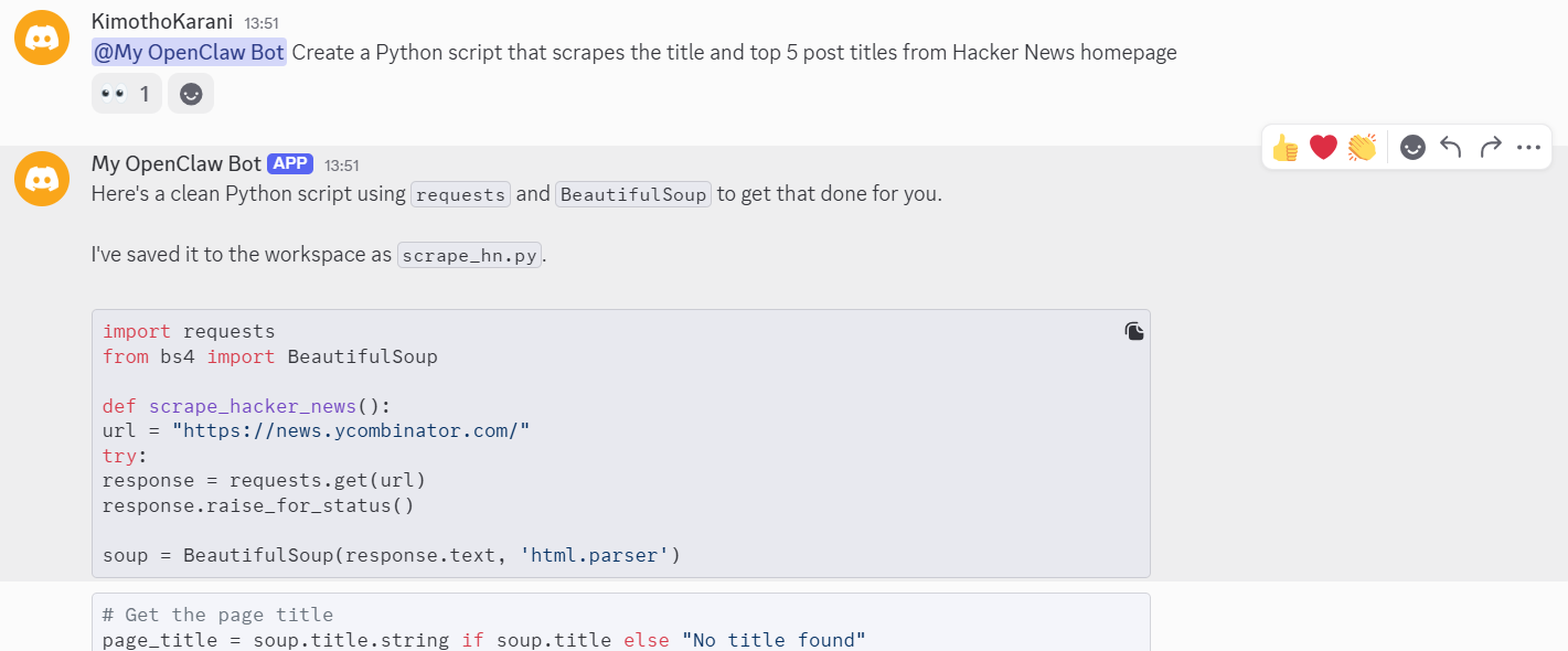 screenshot of OpenClaw bot conversation