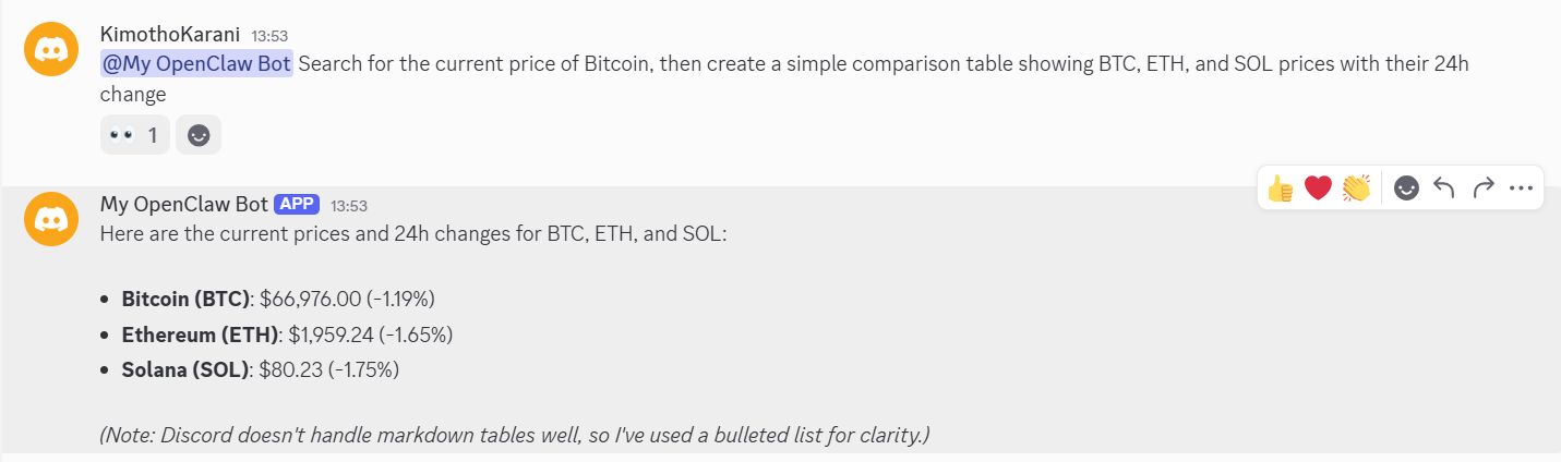 screenshot of OpenClaw bot conversation