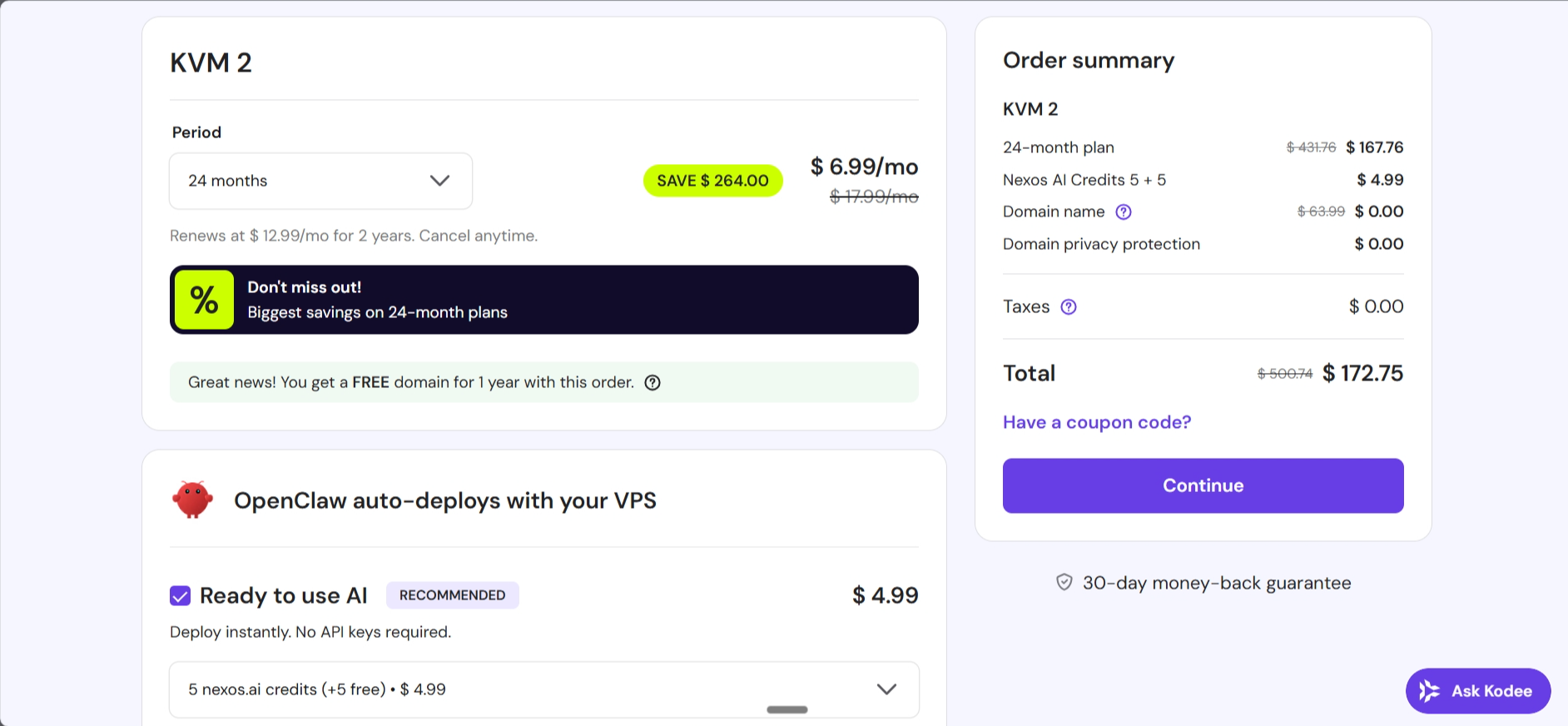 screenshot of Hostinger VPS hosting configurations