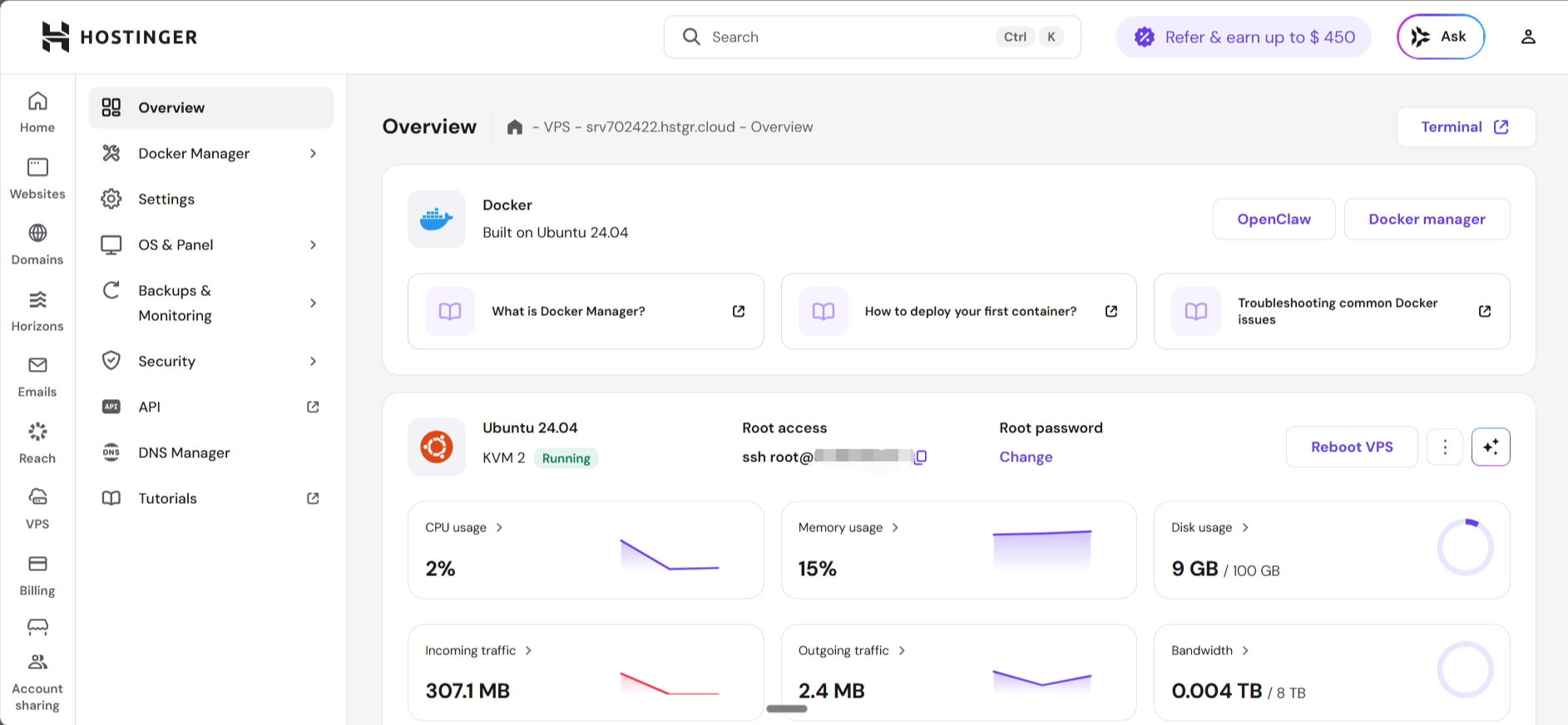 screenshot of Hostinger hPanel dashboard
