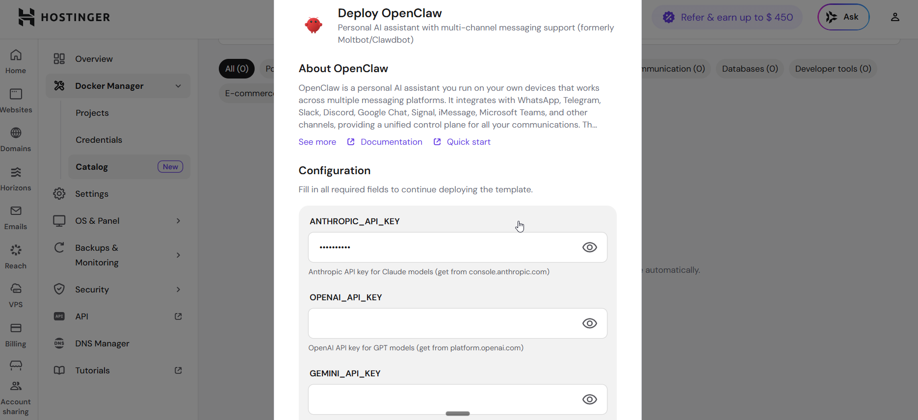 screenshot of 'Deploy OpenClaw' configurations