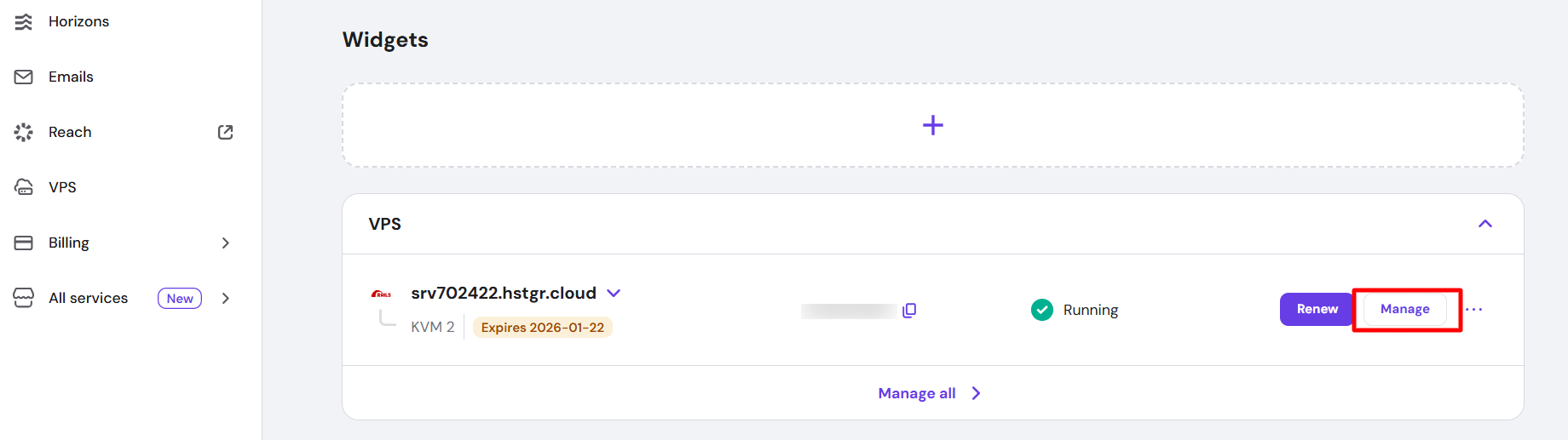 skjermbilde av Hostinger dashbord-siden 'Widgets'