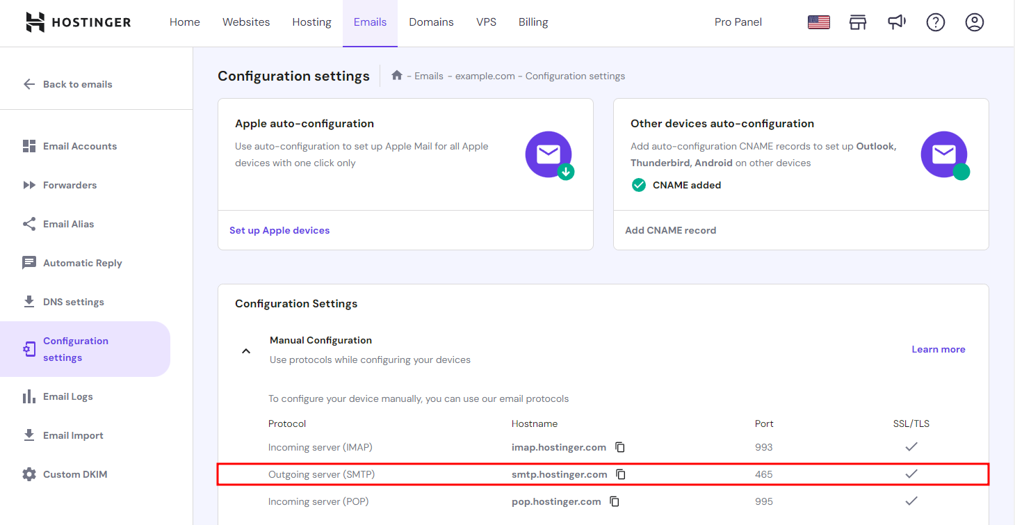 screenshot of Hostinger dashboard 'Configuration settings' tab
