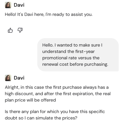 screenshot of Hostinger Live chat conversation