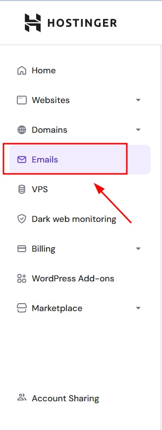 screenshot of Hostinger dashboard 'Emails' tab