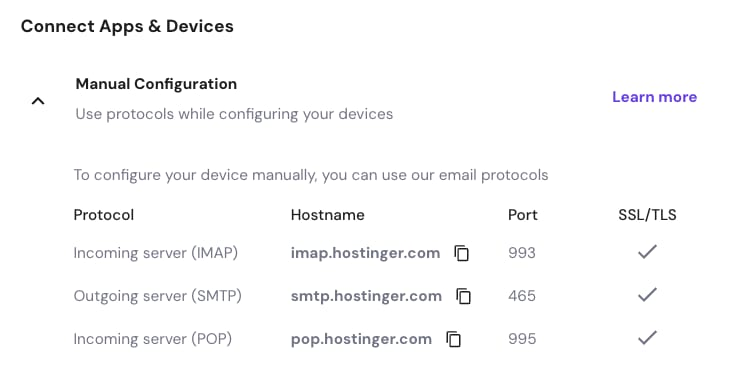 screenshot of Hostinger dashboard 'Connect Apps & Devices' tab
