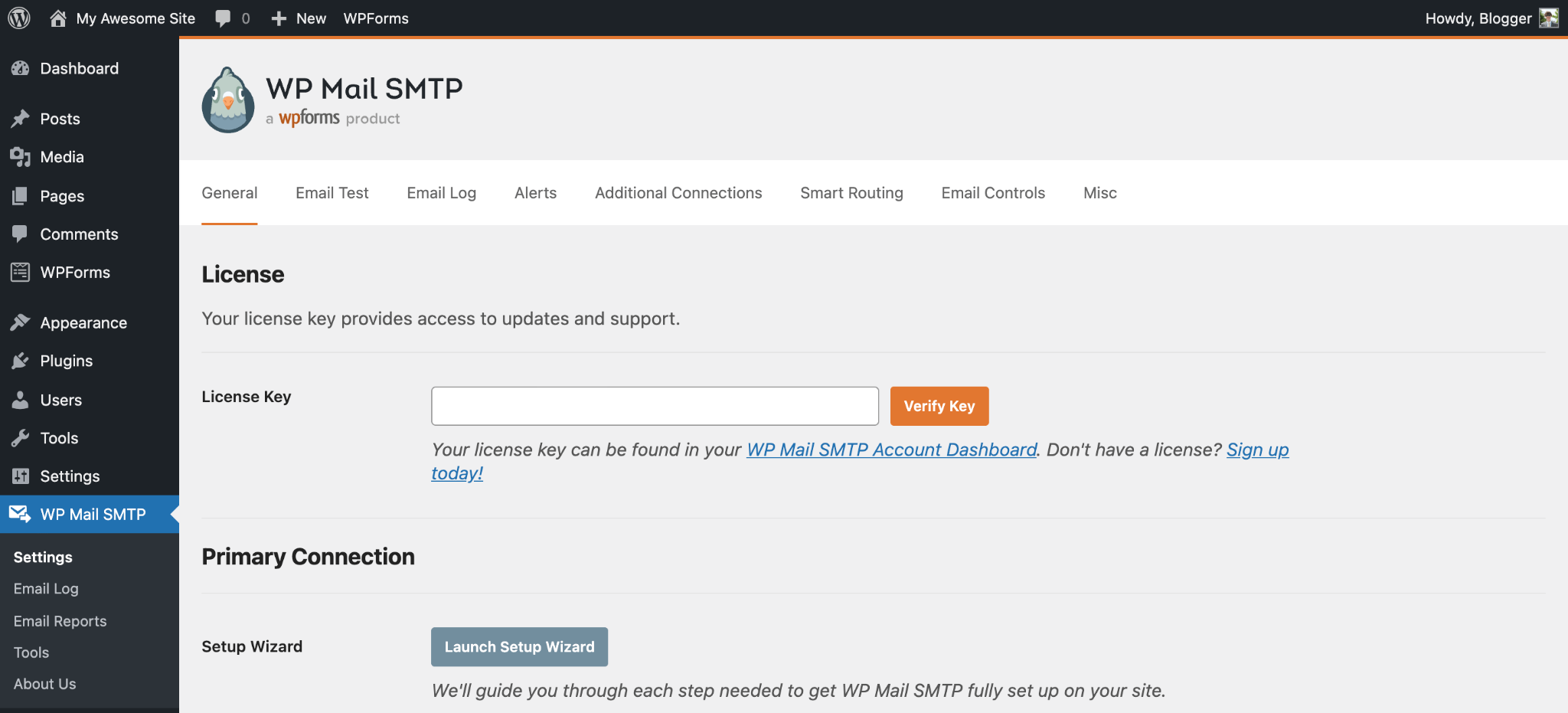 screenshot of WordPress dashboard WP Mail SMTP tab